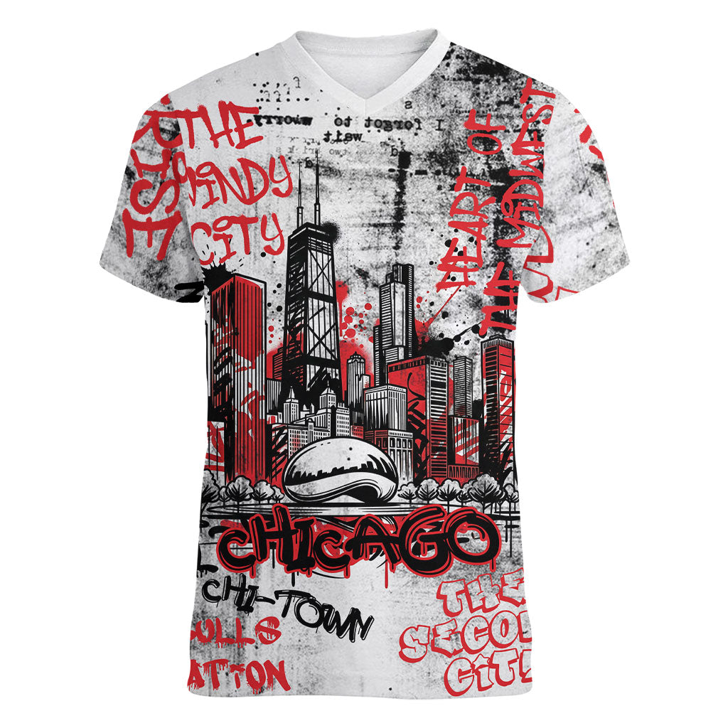 Personalized Chicago City Skyline Women V-Neck T-Shirt Urban Graffiti - Cloud Gate - Windy City Typography
