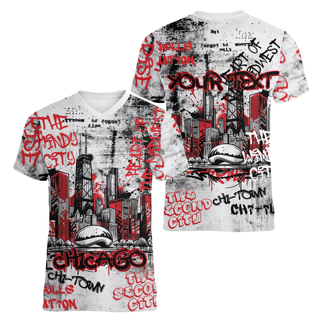 Personalized Chicago City Skyline Women V-Neck T-Shirt Urban Graffiti - Cloud Gate - Windy City Typography