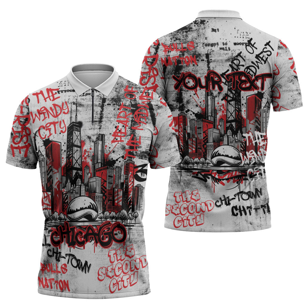 Personalized Chicago City Skyline Zipper Polo Shirt Urban Graffiti - Cloud Gate - Windy City Typography