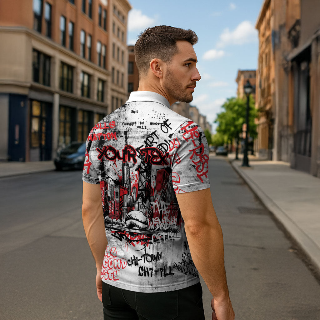 Personalized Chicago City Skyline Zipper Polo Shirt Urban Graffiti - Cloud Gate - Windy City Typography
