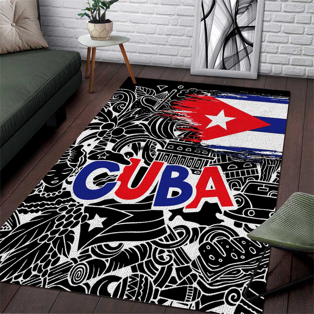 Cuba Flag Area Rug Black with Red White Blue Patriotic Graphics and Cultural Doodle Design - Wonder Print Shop