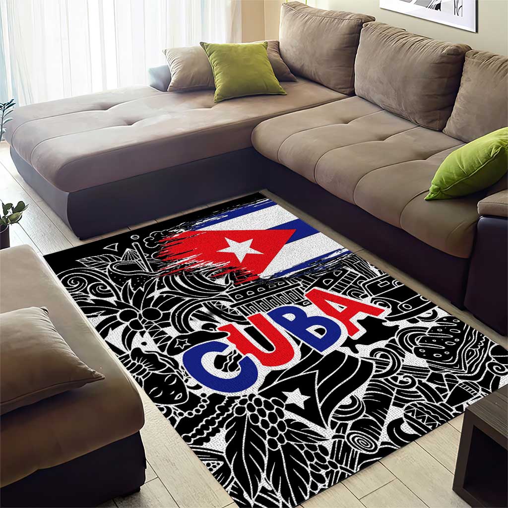 Cuba Flag Area Rug Black with Red White Blue Patriotic Graphics and Cultural Doodle Design - Wonder Print Shop