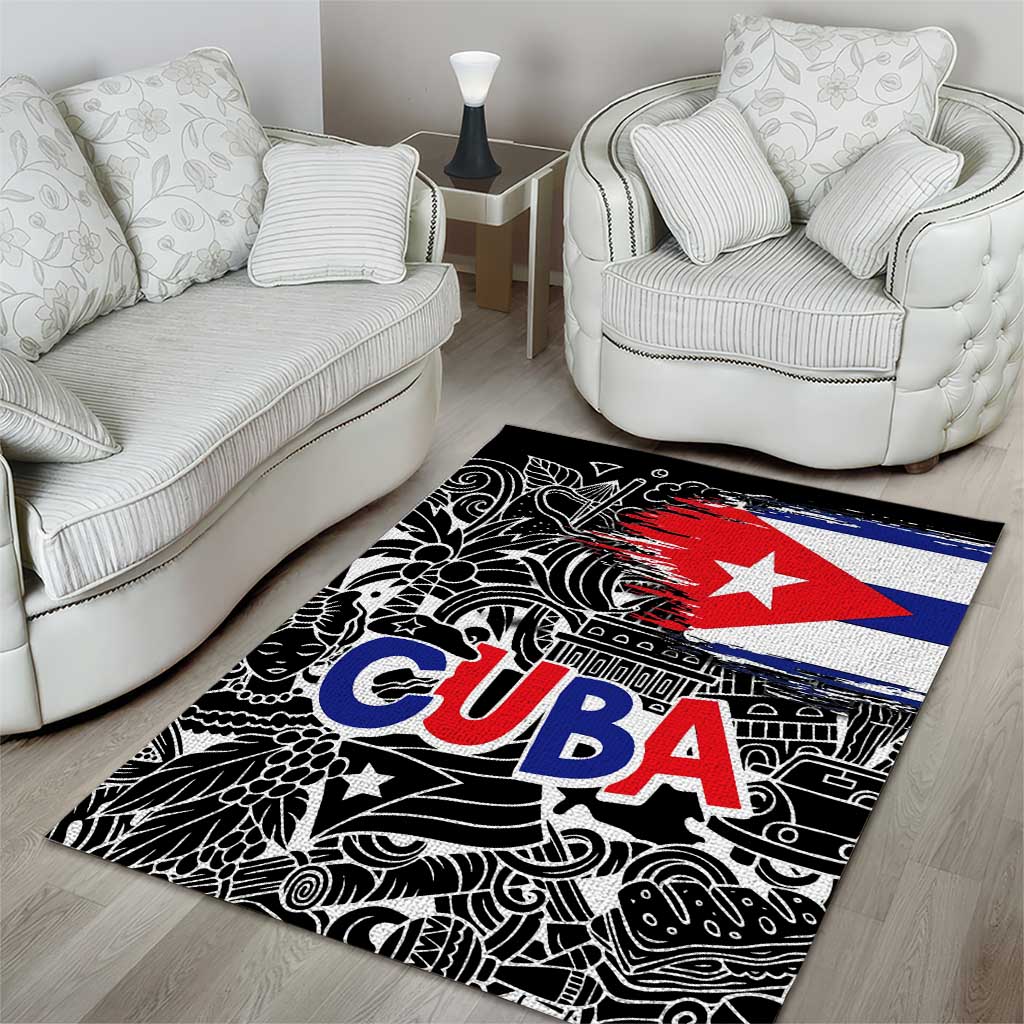 Cuba Flag Area Rug Black with Red White Blue Patriotic Graphics and Cultural Doodle Design - Wonder Print Shop