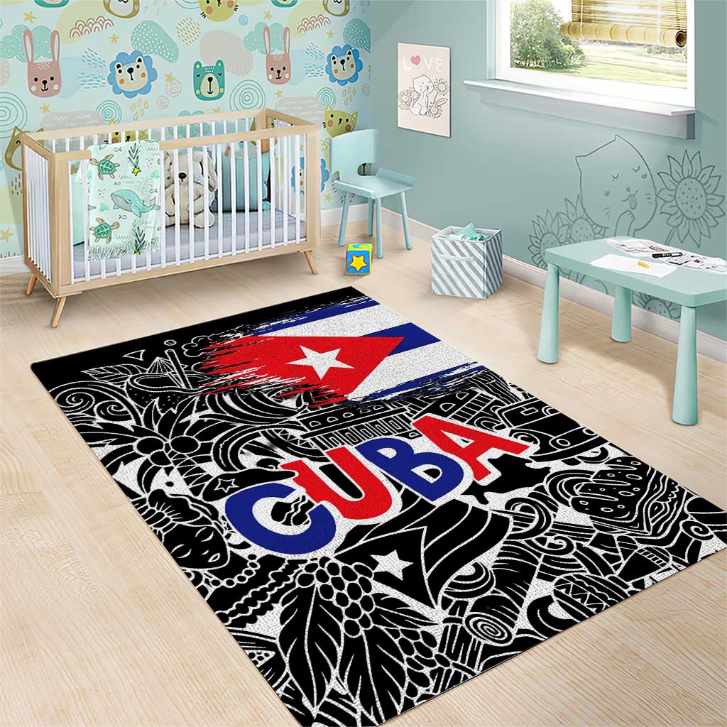 Cuba Flag Area Rug Black with Red White Blue Patriotic Graphics and Cultural Doodle Design - Wonder Print Shop