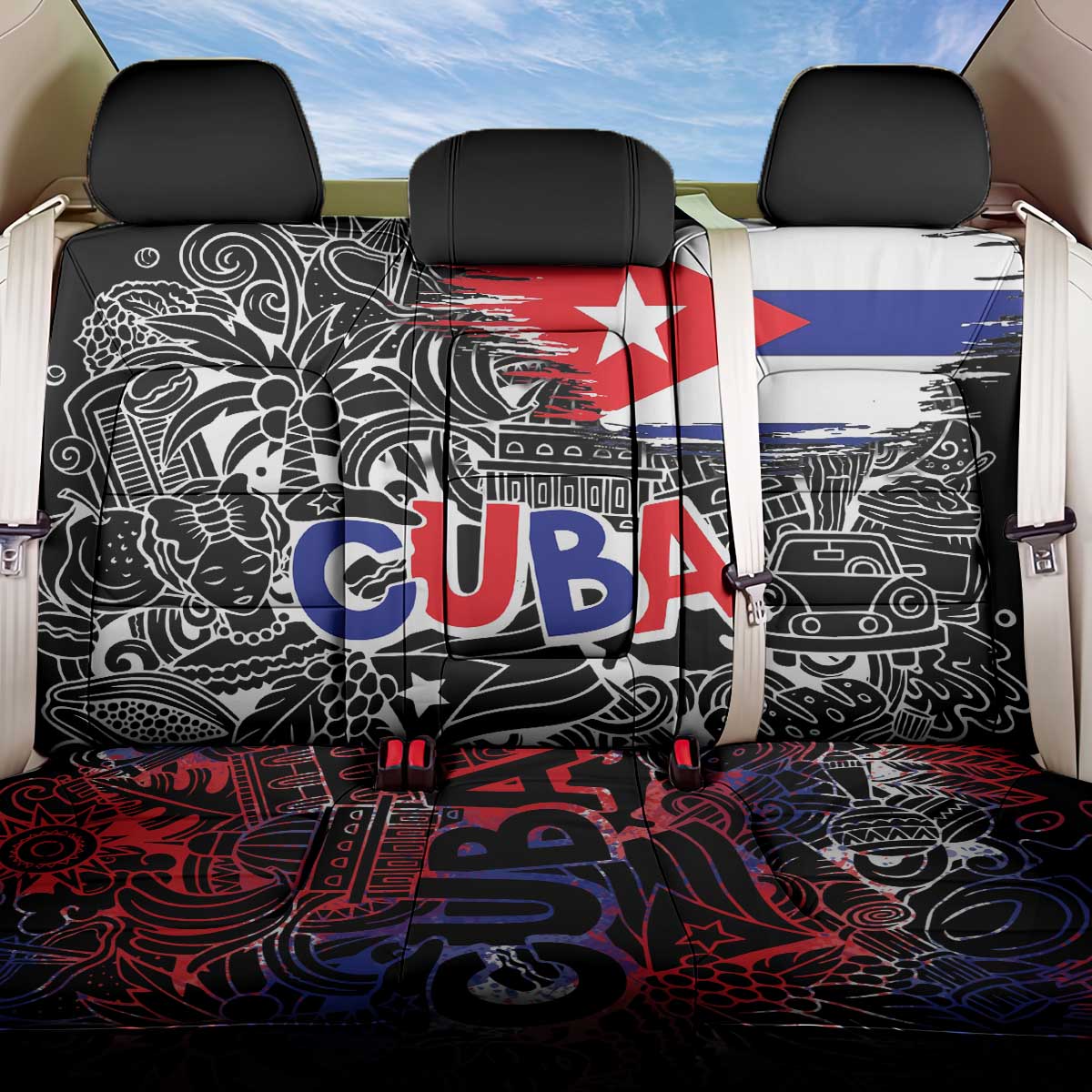 Cuba Flag Back Car Seat Cover Black with Red White Blue Patriotic Graphics and Cultural Doodle Design - Wonder Print Shop