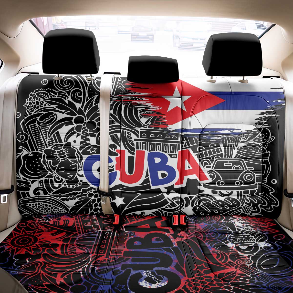 Cuba Flag Back Car Seat Cover Black with Red White Blue Patriotic Graphics and Cultural Doodle Design - Wonder Print Shop