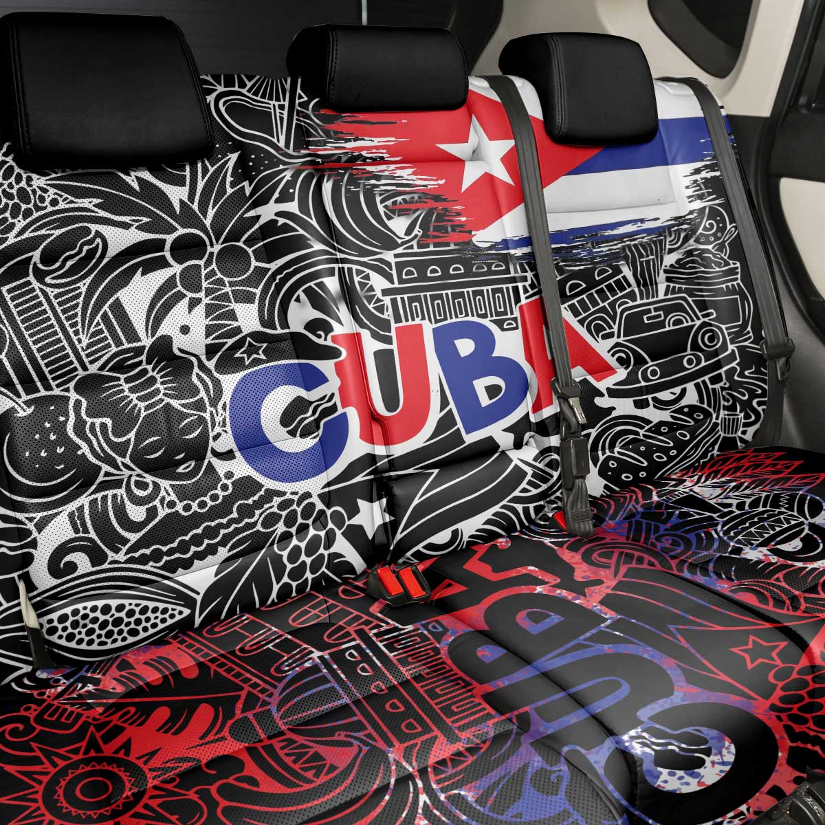 Cuba Flag Back Car Seat Cover Black with Red White Blue Patriotic Graphics and Cultural Doodle Design - Wonder Print Shop