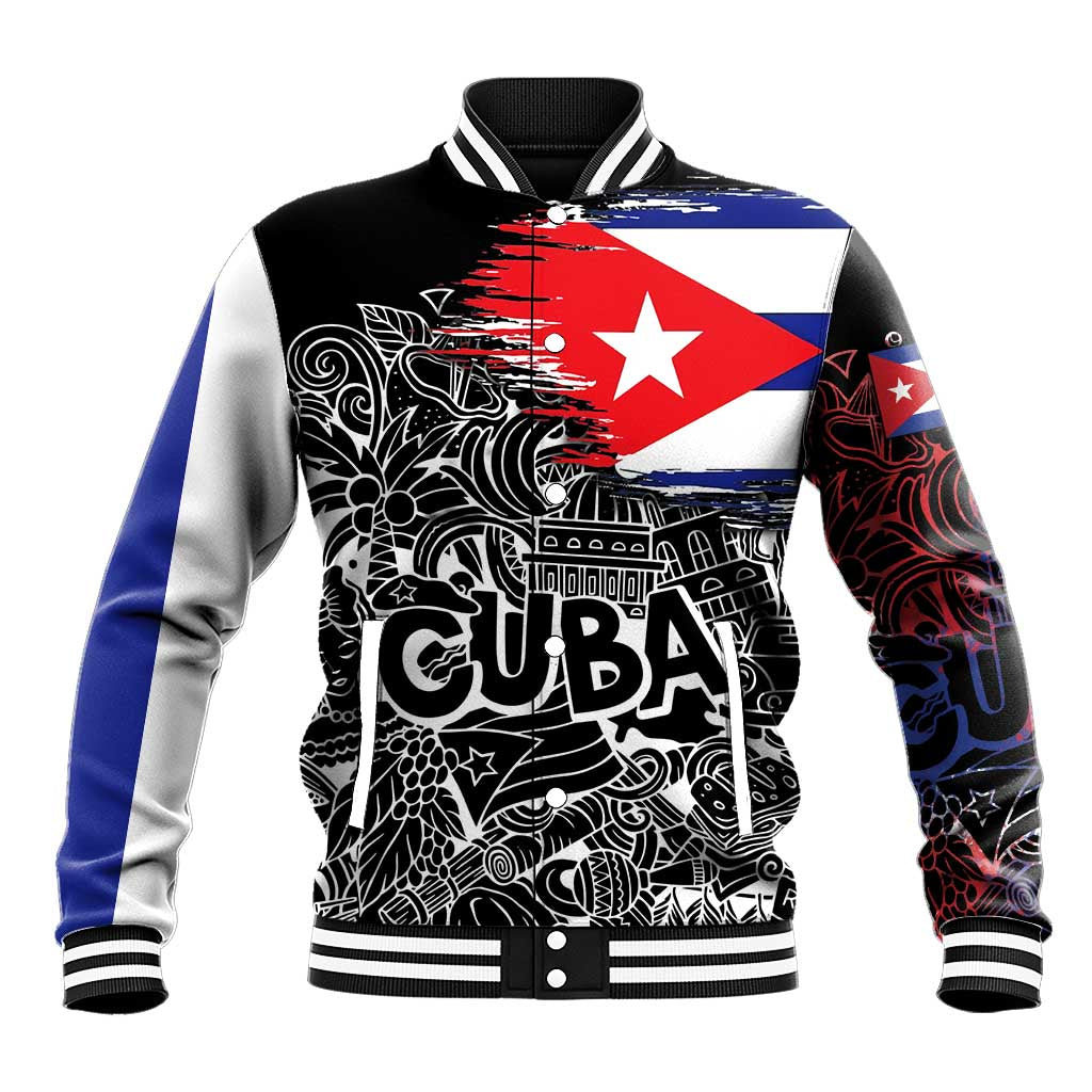 Cuba Flag Baseball Jacket Black with Red White Blue Patriotic Graphics and Cultural Doodle Design - Wonder Print Shop