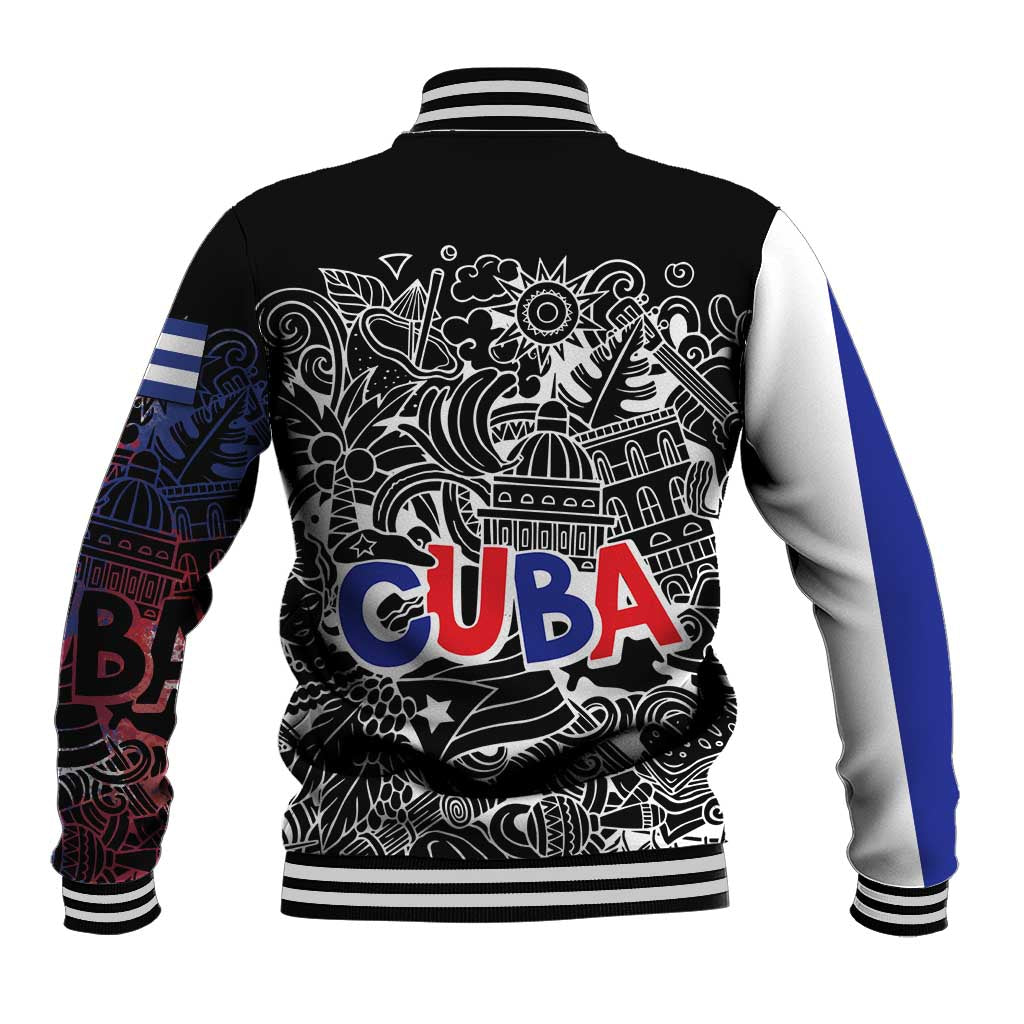 Cuba Flag Baseball Jacket Black with Red White Blue Patriotic Graphics and Cultural Doodle Design - Wonder Print Shop