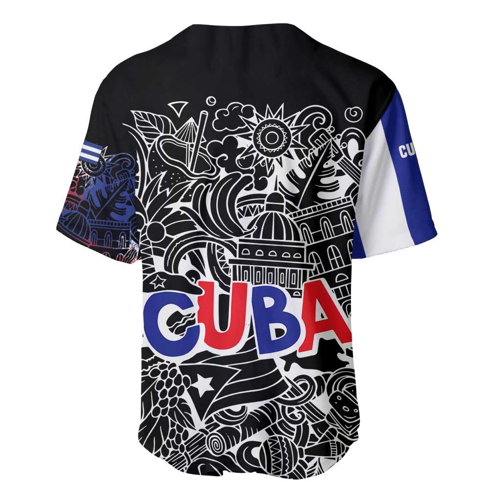 Cuba Flag Baseball Jersey Black with Red White Blue Patriotic Graphics and Cultural Doodle Design - Wonder Print Shop