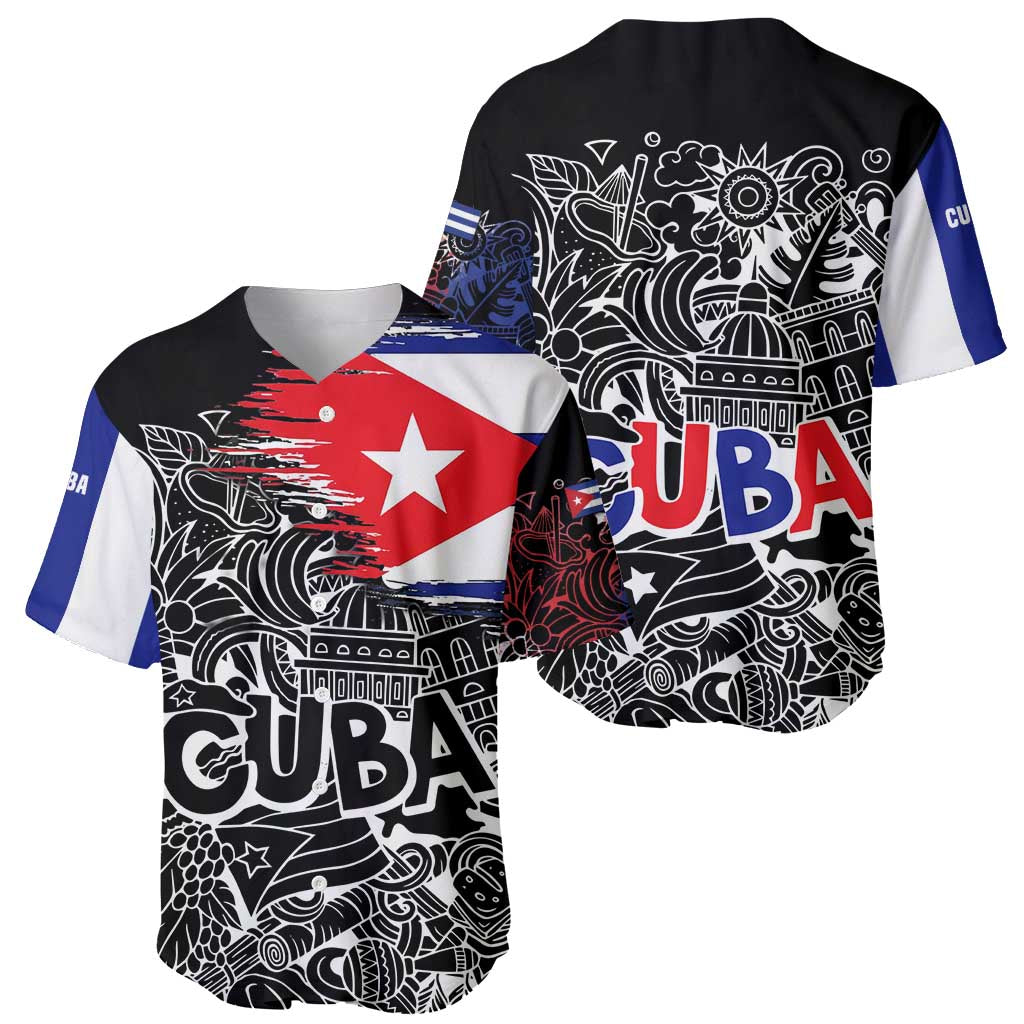 Cuba Flag Baseball Jersey Black with Red White Blue Patriotic Graphics and Cultural Doodle Design - Wonder Print Shop