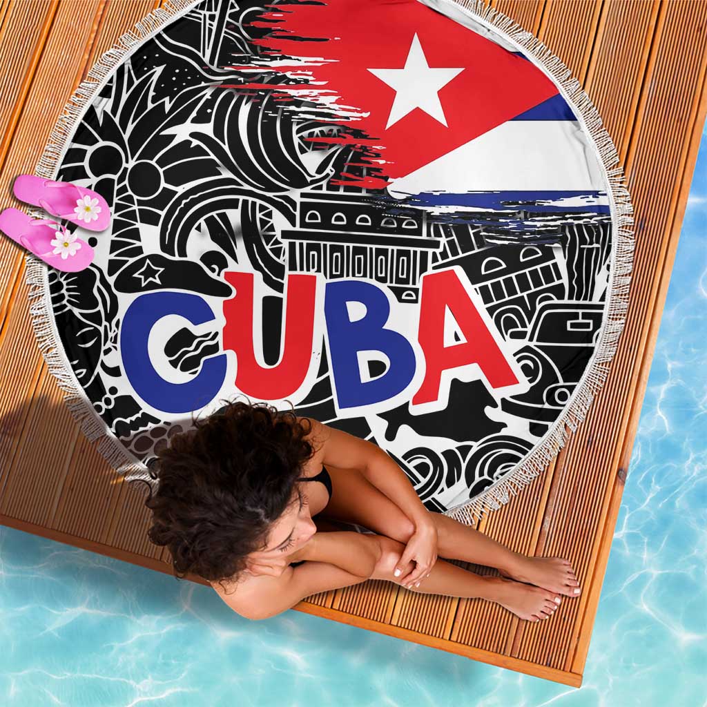 Cuba Flag Beach Blanket Black with Red White Blue Patriotic Graphics and Cultural Doodle Design - Wonder Print Shop