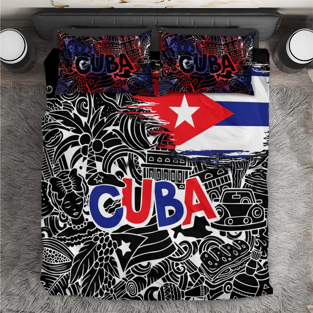 Cuba Flag Bedding Set Black with Red White Blue Patriotic Graphics and Cultural Doodle Design - Wonder Print Shop