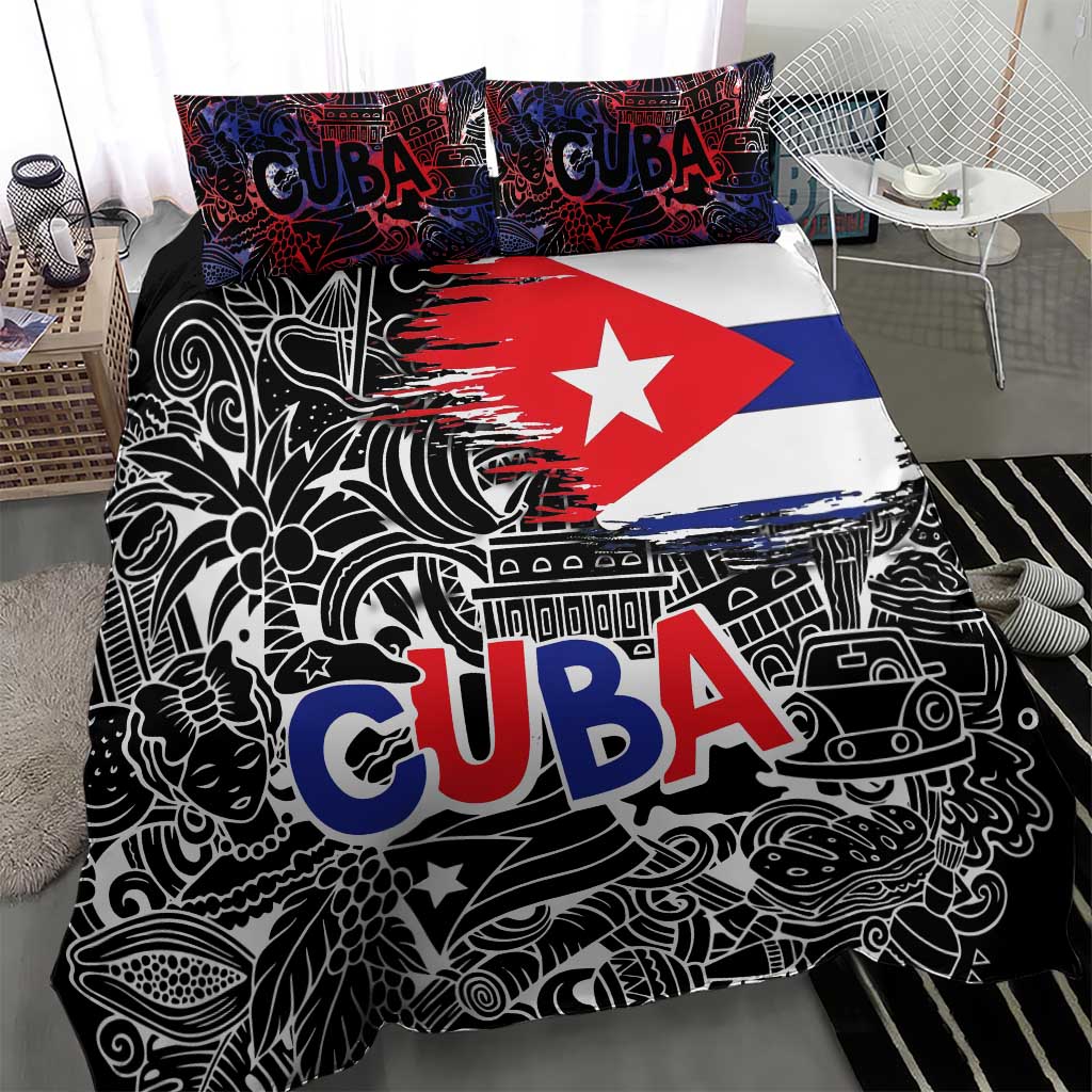 Cuba Flag Bedding Set Black with Red White Blue Patriotic Graphics and Cultural Doodle Design - Wonder Print Shop