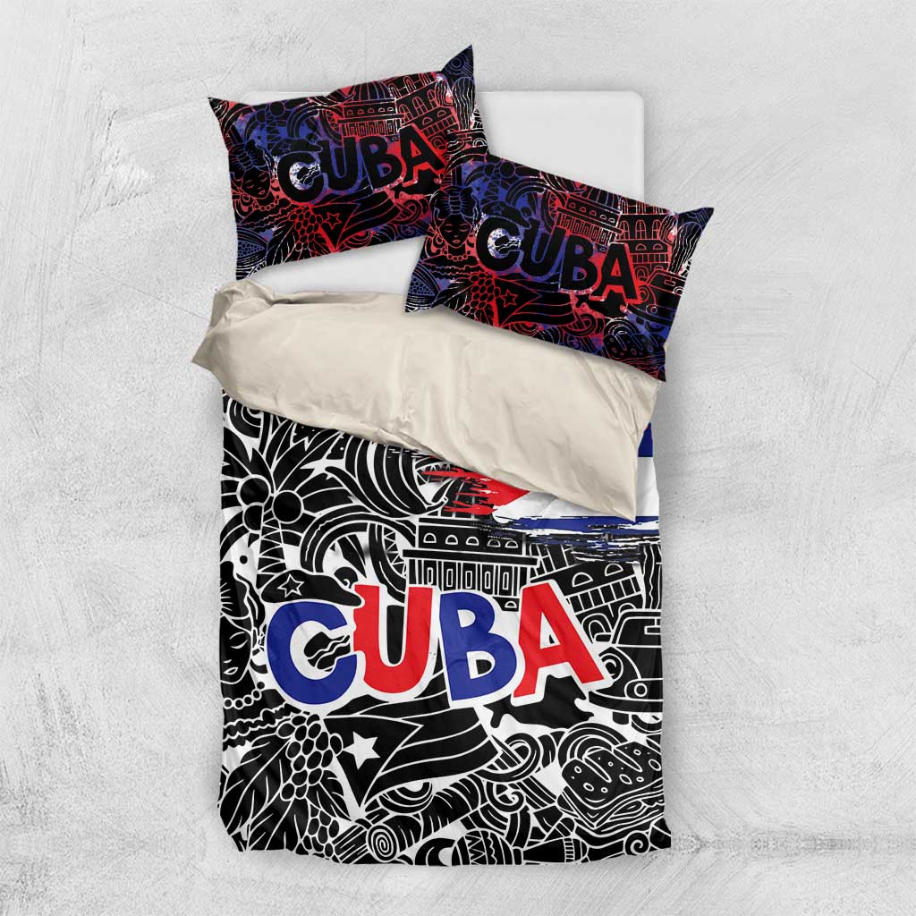 Cuba Flag Bedding Set Black with Red White Blue Patriotic Graphics and Cultural Doodle Design - Wonder Print Shop