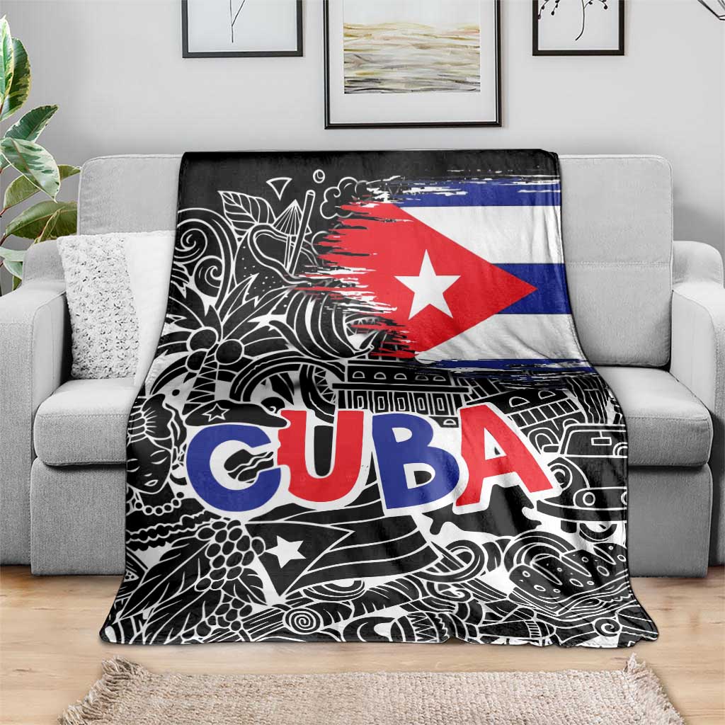 Cuba Flag Blanket Black with Red White Blue Patriotic Graphics and Cultural Doodle Design - Wonder Print Shop