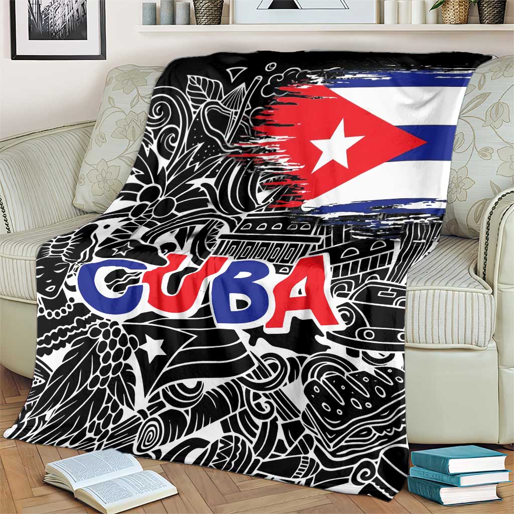 Cuba Flag Blanket Black with Red White Blue Patriotic Graphics and Cultural Doodle Design - Wonder Print Shop