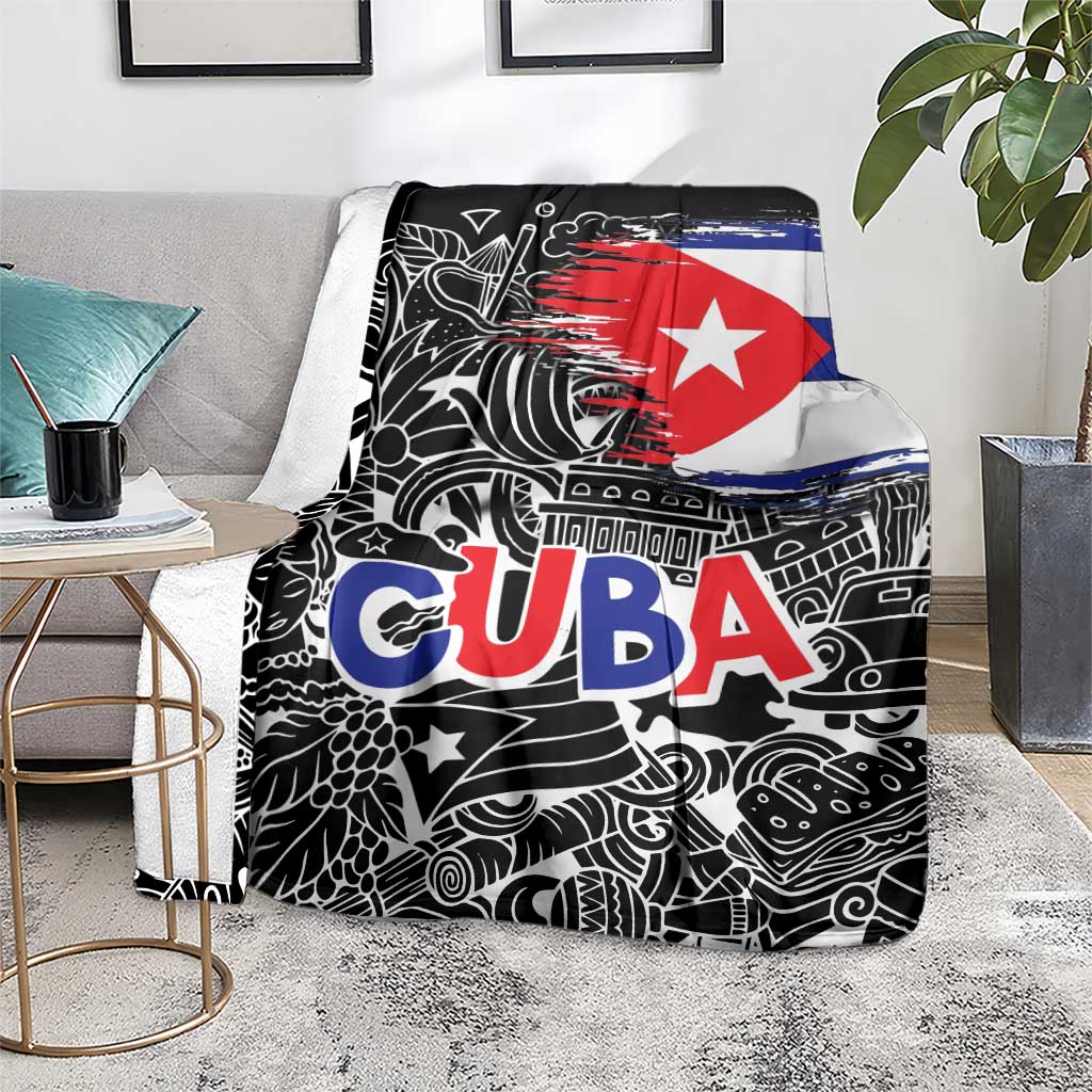 Cuba Flag Blanket Black with Red White Blue Patriotic Graphics and Cultural Doodle Design - Wonder Print Shop