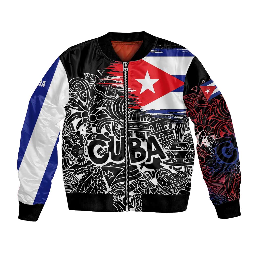 Cuba Flag Bomber Jacket Black with Red White Blue Patriotic Graphics and Cultural Doodle Design - Wonder Print Shop