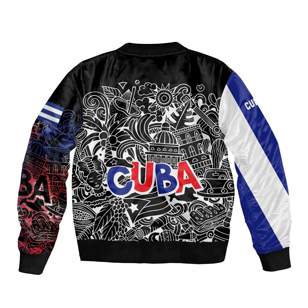Cuba Flag Bomber Jacket Black with Red White Blue Patriotic Graphics and Cultural Doodle Design - Wonder Print Shop