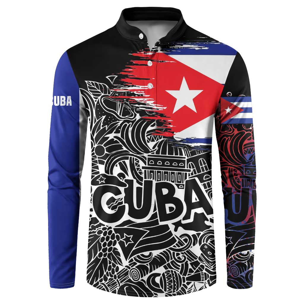 Cuba Flag Button Sweatshirt Black with Red White Blue Patriotic Graphics and Cultural Doodle Design - Wonder Print Shop