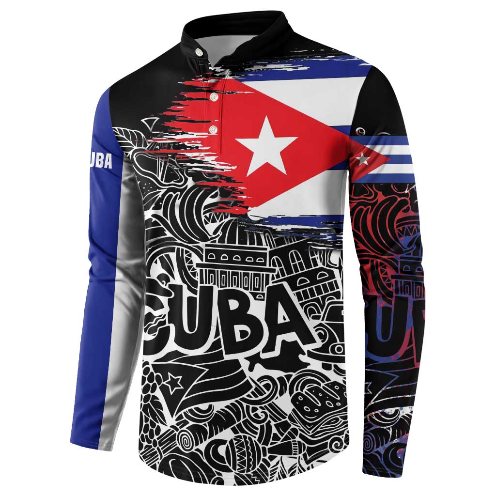 Cuba Flag Button Sweatshirt Black with Red White Blue Patriotic Graphics and Cultural Doodle Design - Wonder Print Shop