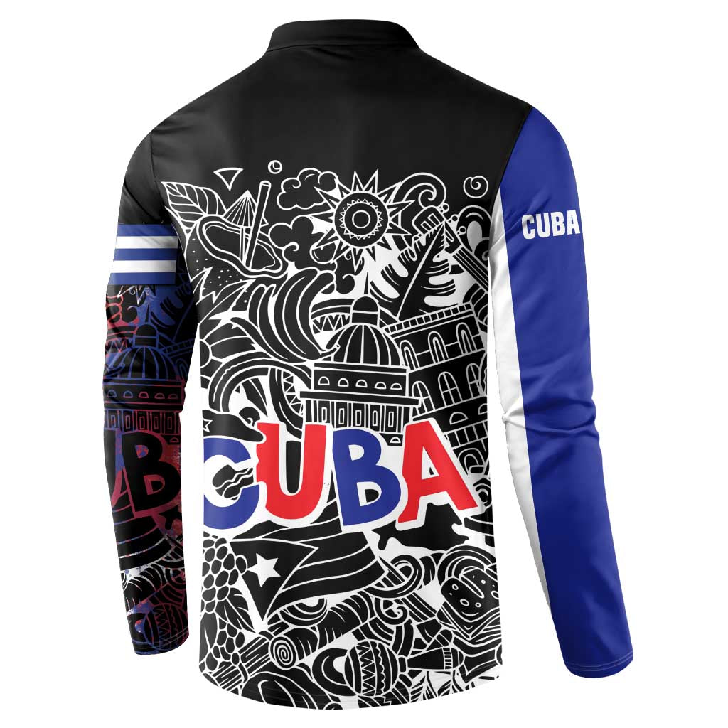Cuba Flag Button Sweatshirt Black with Red White Blue Patriotic Graphics and Cultural Doodle Design - Wonder Print Shop