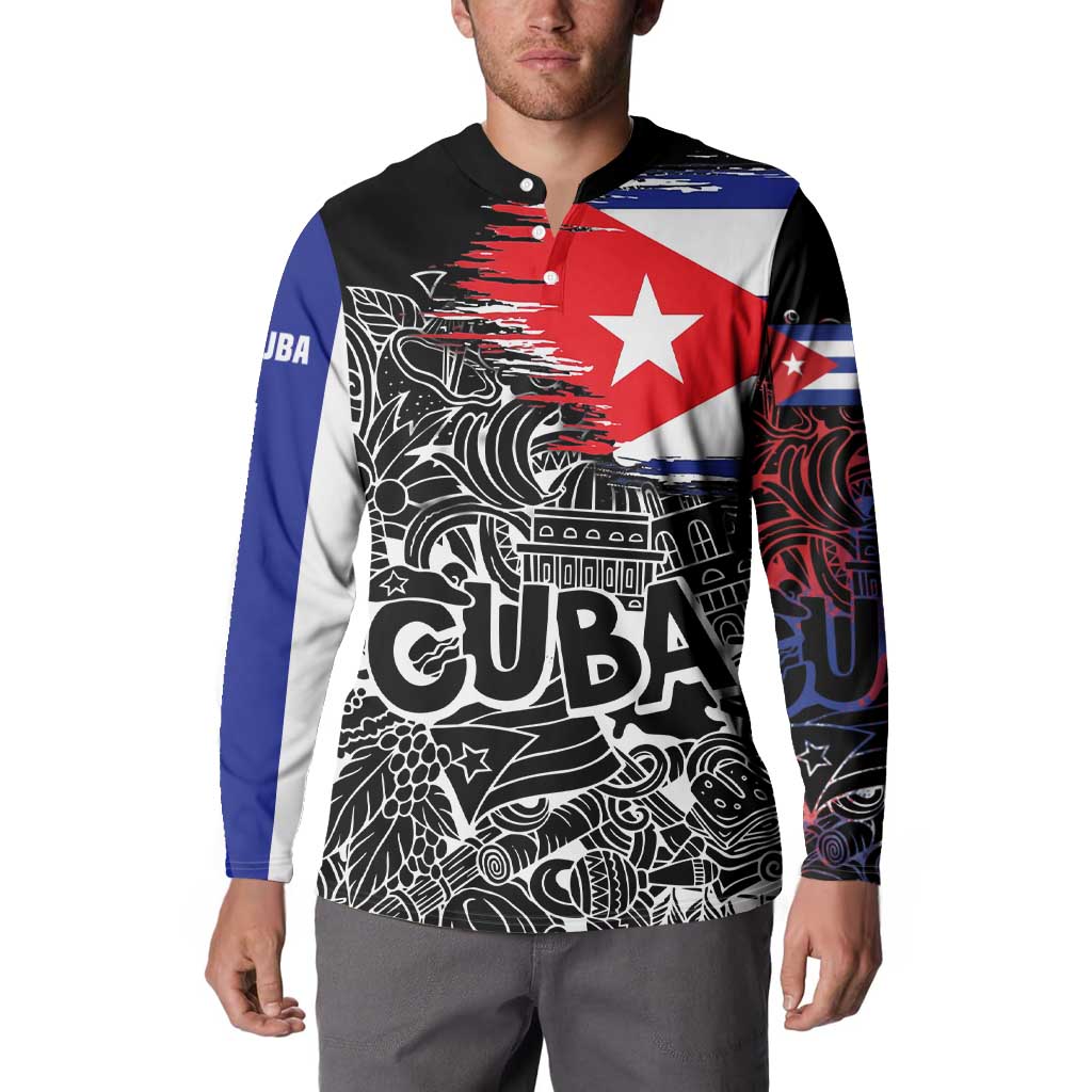 Cuba Flag Button Sweatshirt Black with Red White Blue Patriotic Graphics and Cultural Doodle Design - Wonder Print Shop