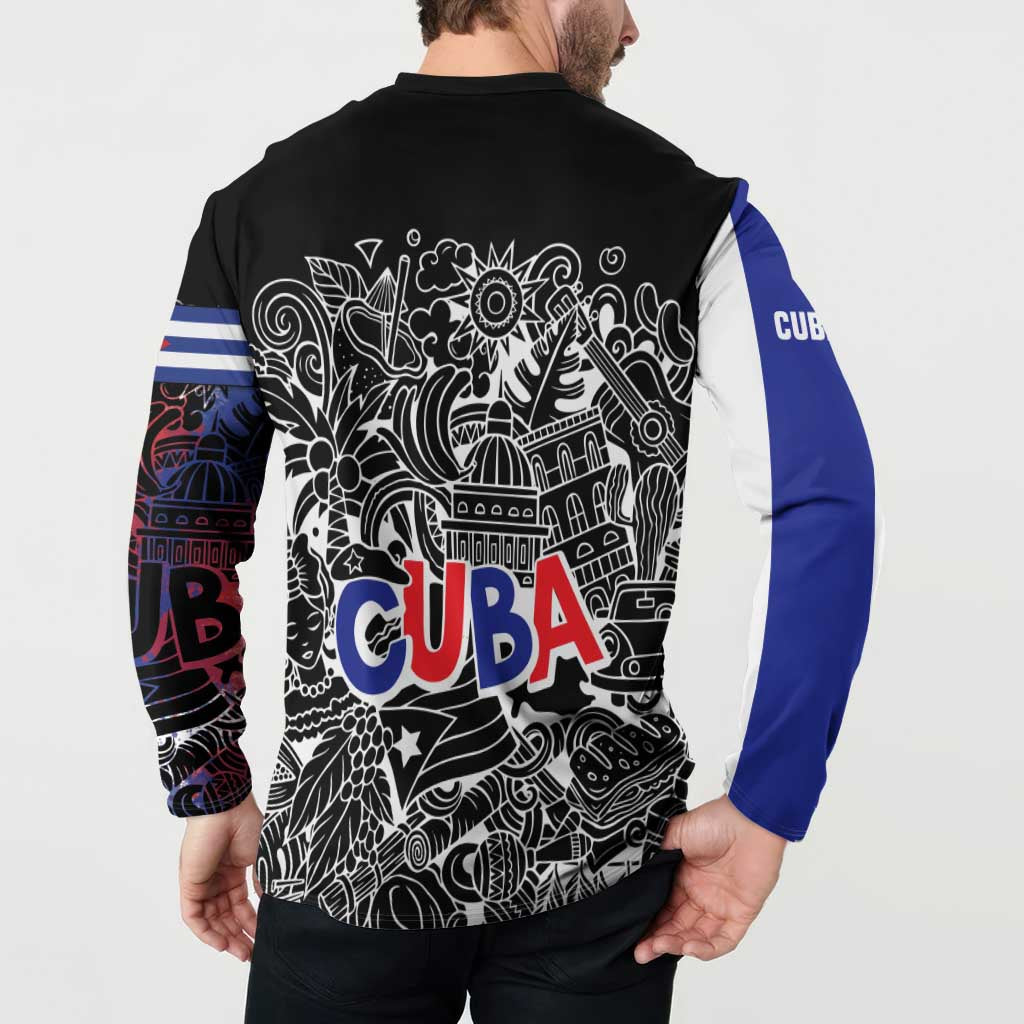 Cuba Flag Button Sweatshirt Black with Red White Blue Patriotic Graphics and Cultural Doodle Design - Wonder Print Shop