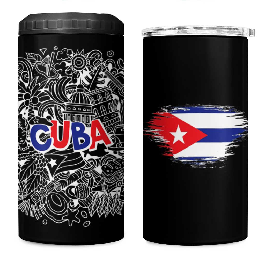 Cuba Flag 4 in 1 Can Cooler Tumbler Black with Red White Blue Patriotic Graphics and Cultural Doodle Design - Wonder Print Shop