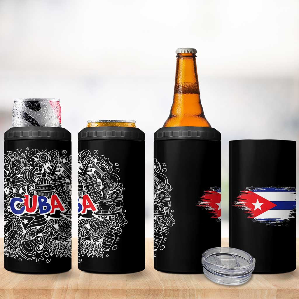 Cuba Flag 4 in 1 Can Cooler Tumbler Black with Red White Blue Patriotic Graphics and Cultural Doodle Design - Wonder Print Shop