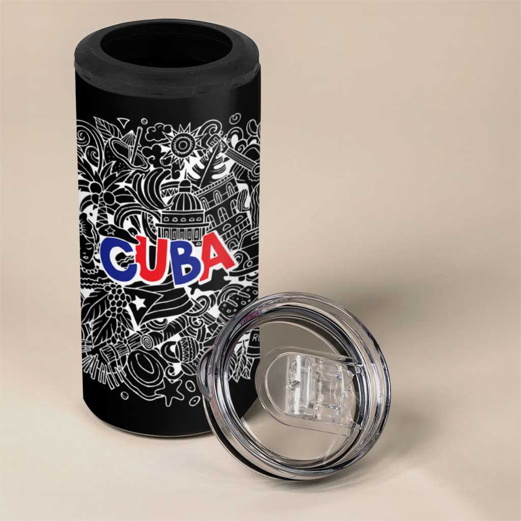Cuba Flag 4 in 1 Can Cooler Tumbler Black with Red White Blue Patriotic Graphics and Cultural Doodle Design - Wonder Print Shop