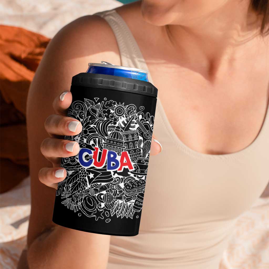 Cuba Flag 4 in 1 Can Cooler Tumbler Black with Red White Blue Patriotic Graphics and Cultural Doodle Design - Wonder Print Shop