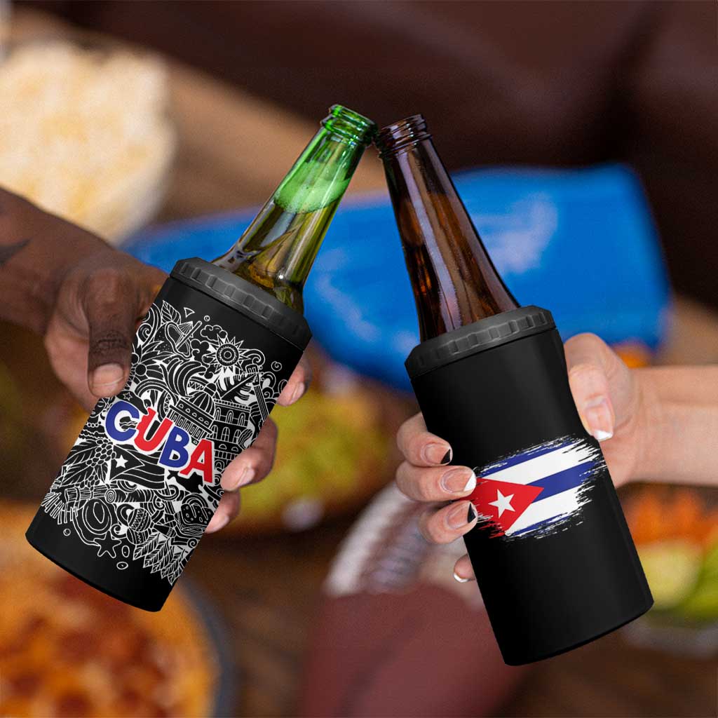 Cuba Flag 4 in 1 Can Cooler Tumbler Black with Red White Blue Patriotic Graphics and Cultural Doodle Design - Wonder Print Shop