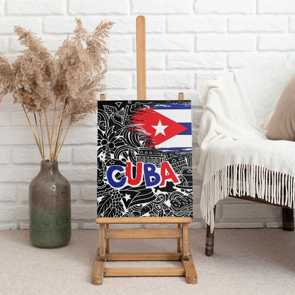 Cuba Flag Canvas Wall Art Black with Red White Blue Patriotic Graphics and Cultural Doodle Design - Wonder Print Shop
