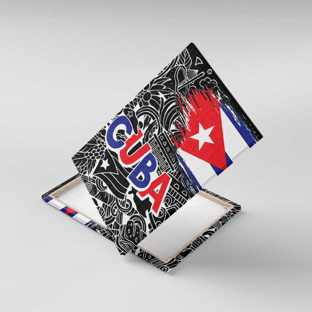 Cuba Flag Canvas Wall Art Black with Red White Blue Patriotic Graphics and Cultural Doodle Design - Wonder Print Shop