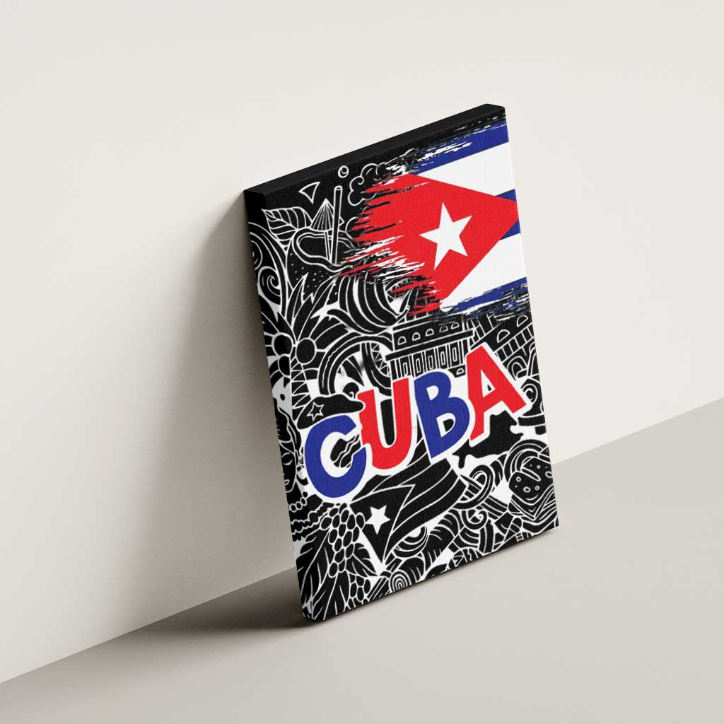 Cuba Flag Canvas Wall Art Black with Red White Blue Patriotic Graphics and Cultural Doodle Design - Wonder Print Shop