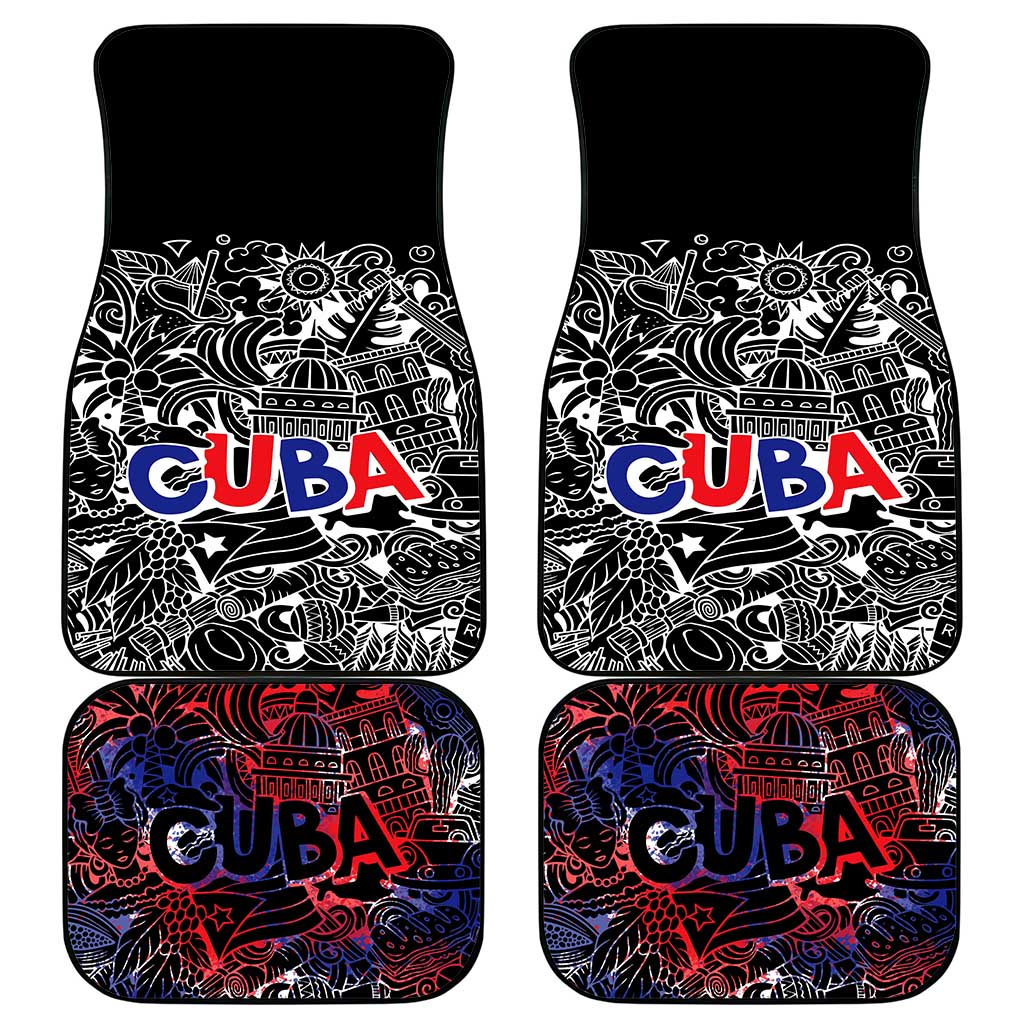 Cuba Flag Car Mats Black with Red White Blue Patriotic Graphics and Cultural Doodle Design - Wonder Print Shop