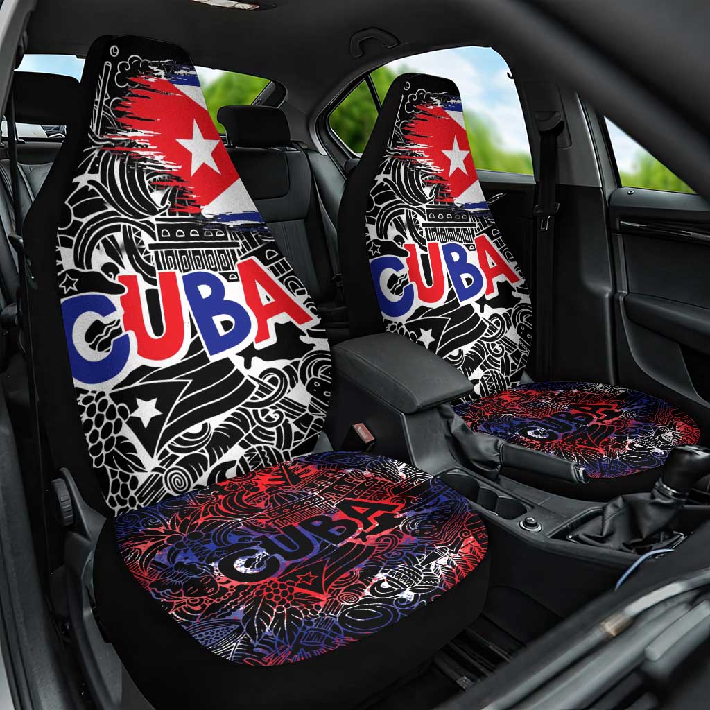 Cuba Flag Car Seat Cover Black with Red White Blue Patriotic Graphics and Cultural Doodle Design - Wonder Print Shop
