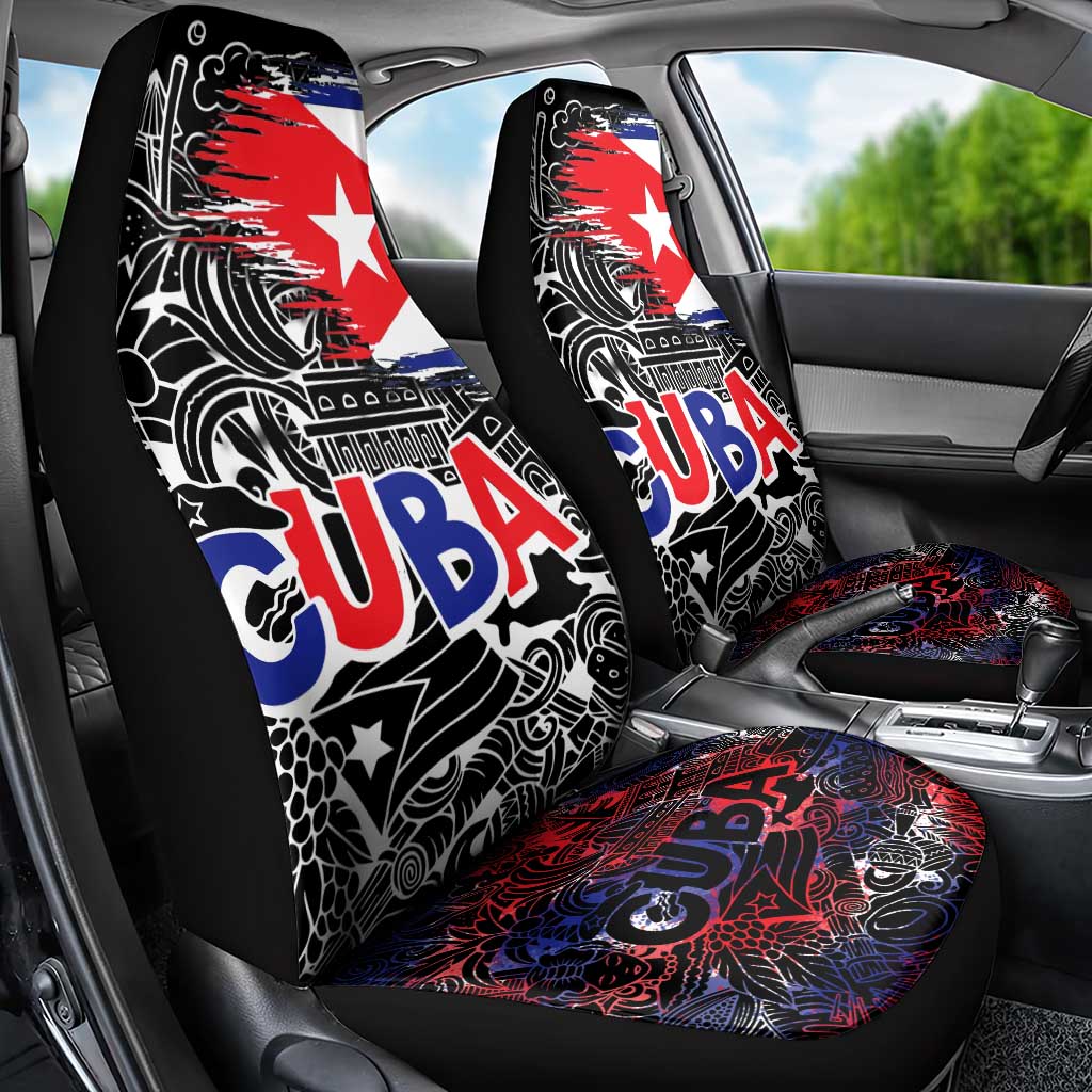 Cuba Flag Car Seat Cover Black with Red White Blue Patriotic Graphics and Cultural Doodle Design - Wonder Print Shop