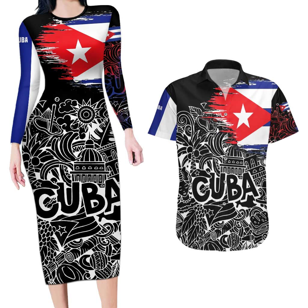 Cuba Flag Couples Matching Long Sleeve Bodycon Dress and Hawaiian Shirt Black with Red White Blue Patriotic Graphics and Cultural Doodle Design - Wonder Print Shop