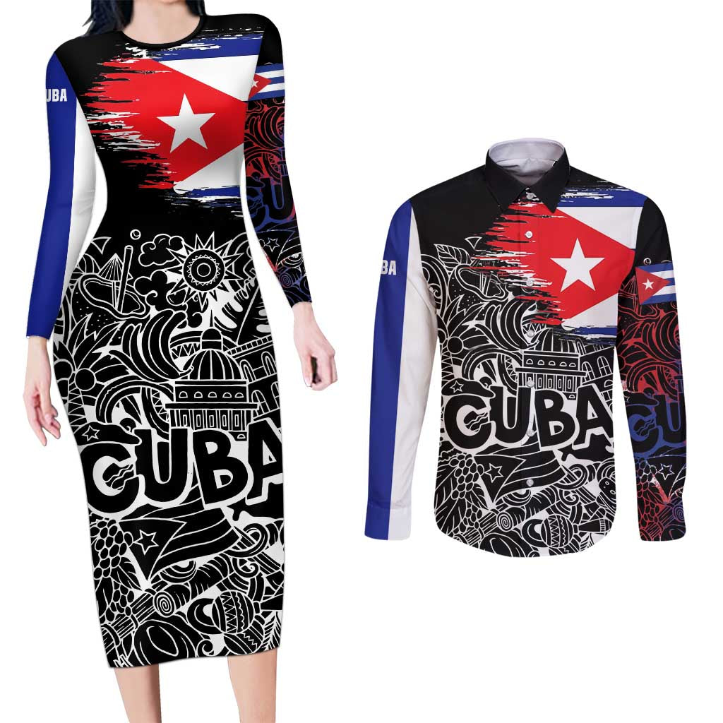 Cuba Flag Couples Matching Long Sleeve Bodycon Dress and Long Sleeve Button Shirt Black with Red White Blue Patriotic Graphics and Cultural Doodle Design - Wonder Print Shop