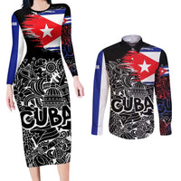 Cuba Flag Couples Matching Long Sleeve Bodycon Dress and Long Sleeve Button Shirt Black with Red White Blue Patriotic Graphics and Cultural Doodle Design - Wonder Print Shop