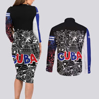 Cuba Flag Couples Matching Long Sleeve Bodycon Dress and Long Sleeve Button Shirt Black with Red White Blue Patriotic Graphics and Cultural Doodle Design - Wonder Print Shop