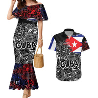 Cuba Flag Couples Matching Mermaid Dress and Hawaiian Shirt Black with Red White Blue Patriotic Graphics and Cultural Doodle Design - Wonder Print Shop