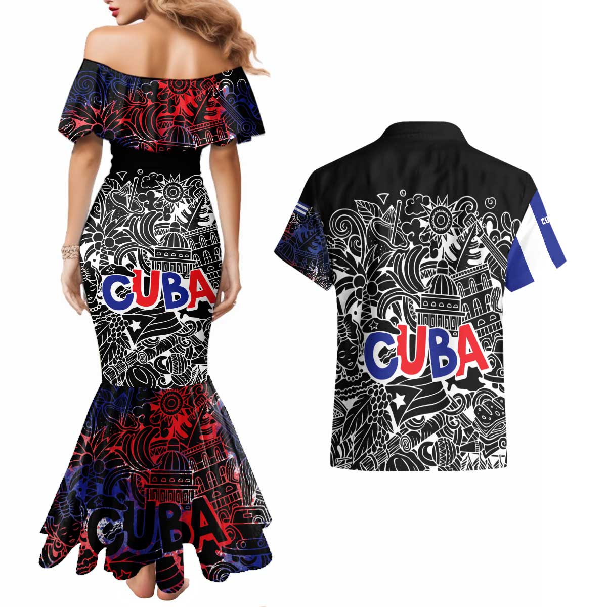 Cuba Flag Couples Matching Mermaid Dress and Hawaiian Shirt Black with Red White Blue Patriotic Graphics and Cultural Doodle Design - Wonder Print Shop