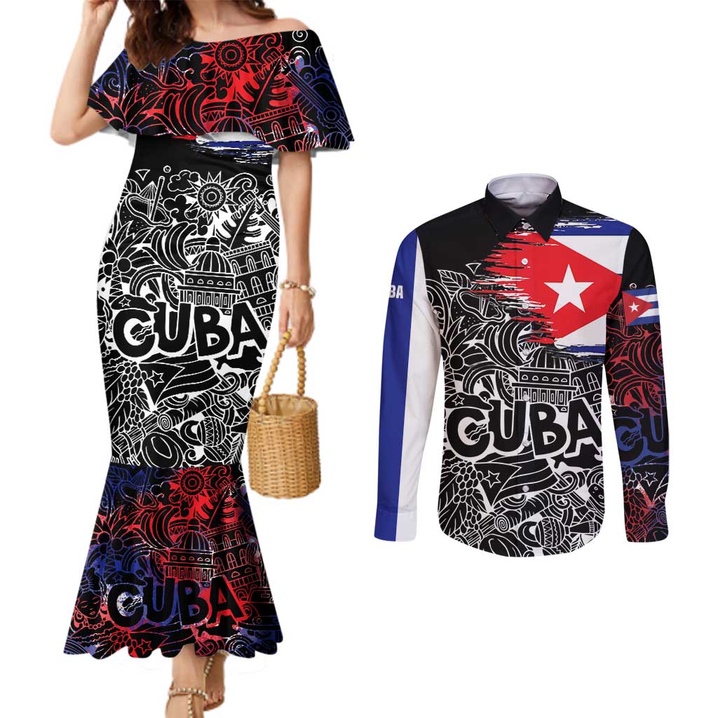 Cuba Flag Couples Matching Mermaid Dress and Long Sleeve Button Shirt Black with Red White Blue Patriotic Graphics and Cultural Doodle Design - Wonder Print Shop