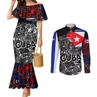 Cuba Flag Couples Matching Mermaid Dress and Long Sleeve Button Shirt Black with Red White Blue Patriotic Graphics and Cultural Doodle Design - Wonder Print Shop