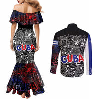 Cuba Flag Couples Matching Mermaid Dress and Long Sleeve Button Shirt Black with Red White Blue Patriotic Graphics and Cultural Doodle Design - Wonder Print Shop