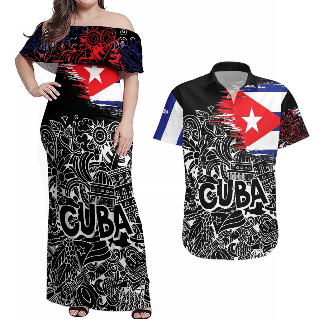 Cuba Flag Couples Matching Off Shoulder Maxi Dress and Hawaiian Shirt Black with Red White Blue Patriotic Graphics and Cultural Doodle Design - Wonder Print Shop